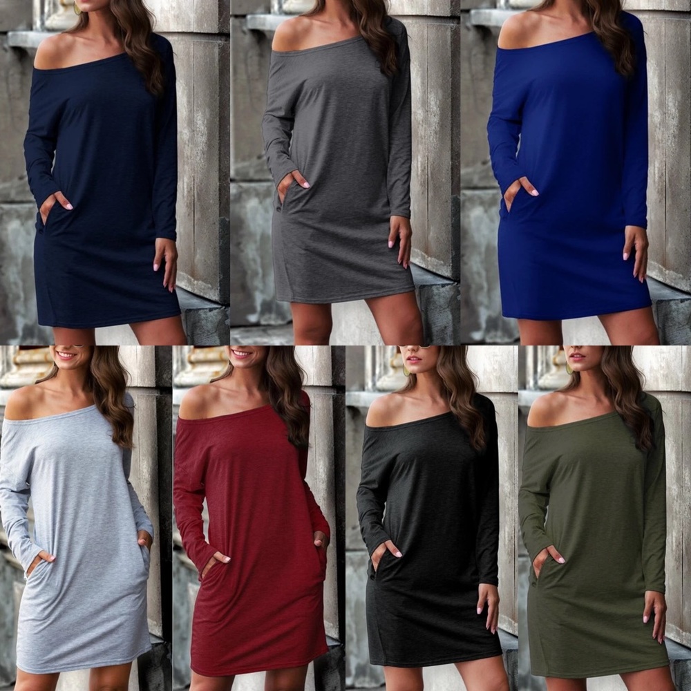 Long sleeve off the shoulder fall dress pockets - Picture 3 of 9